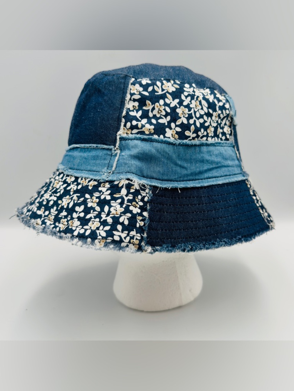 Women's Denim And Floral Patchwork Distressed Bucket Hat Boho Indie Style